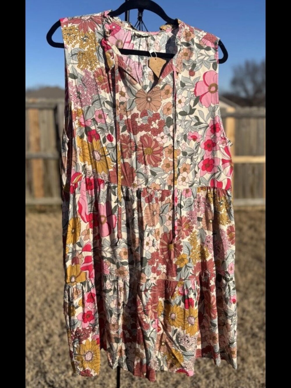 Kori Plus Floral Tiered Sleeveless Mini Dress Pink Tan Boho Women XL Pockets NWT